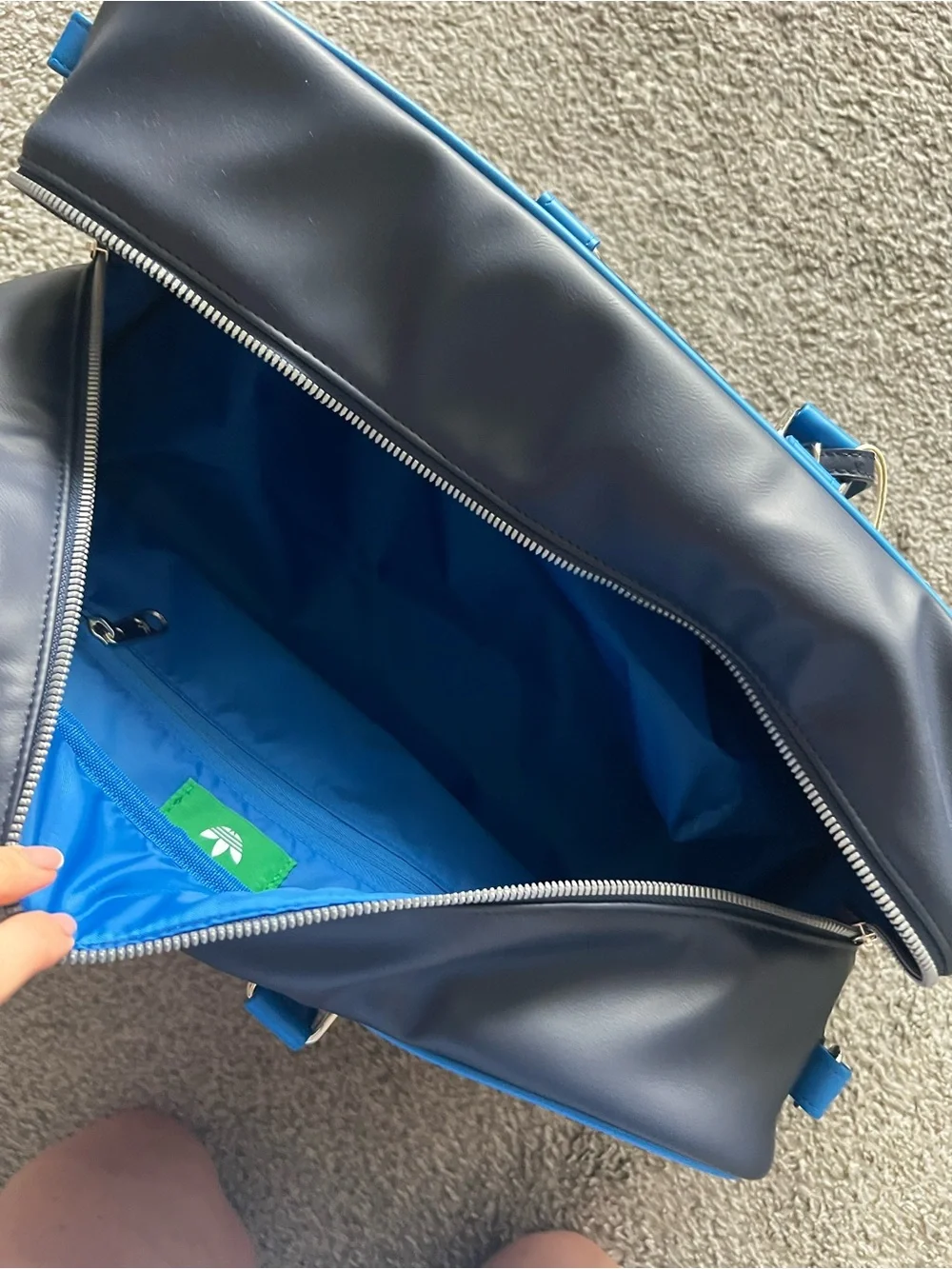 adidas Navy Duffel Bag with Bright Blue Accents